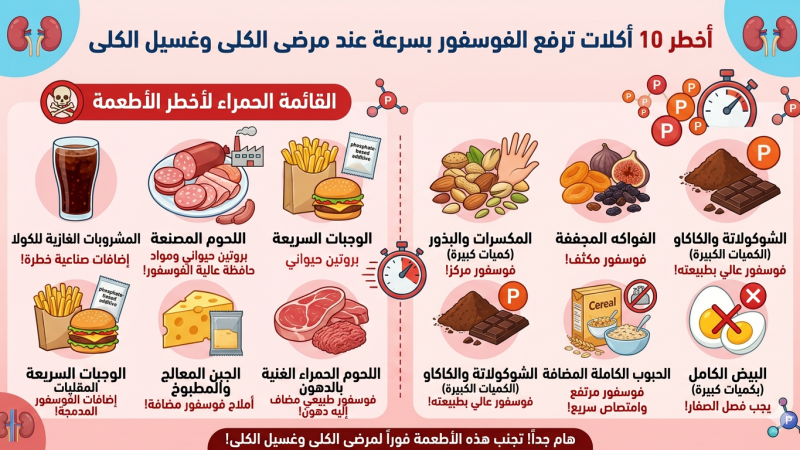 أخطر 10 أكلات ترفع الفوسفور بسرعة عند مرضى الكلى وغسيل الكلي