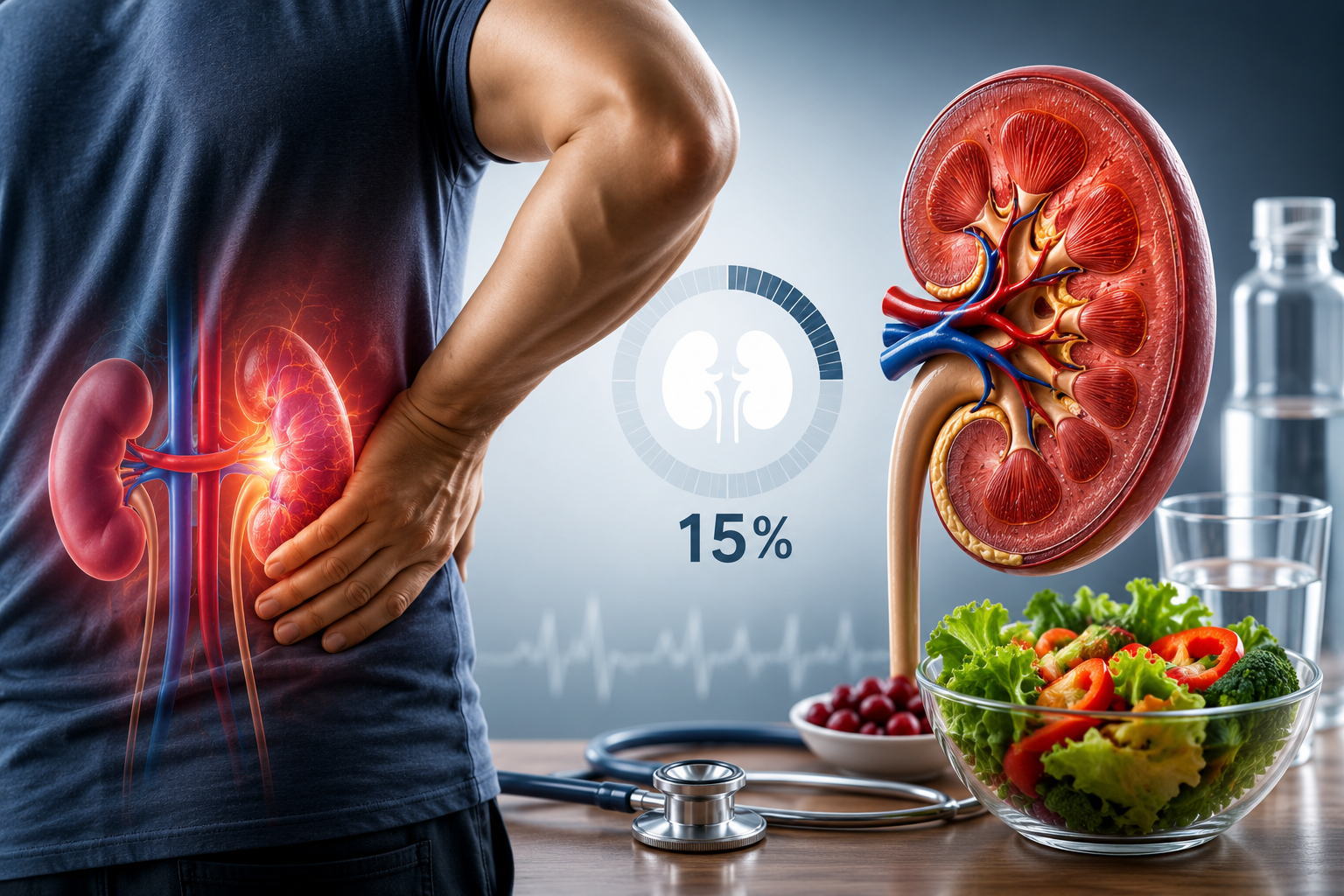 ماذا تعني وظائف الكلى 15%؟ دليل شامل للعلاج والغذاء ومتي نلجأ للغسيل أو الزراعة